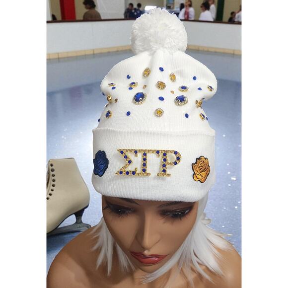 Sigma Gamma Rho White Pompom Beanie design with Brooch, Rhinestone & Roses - Picture 4 of 5